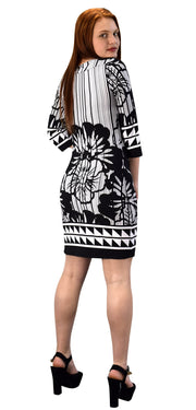 Floral Placement Border Three Quarter Sleeve Shift Dress-Missy