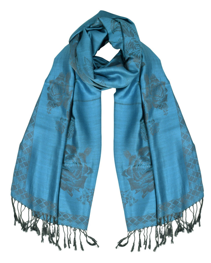 Turquoise Grey Peach Couture Elegant Floral Pattern Pashmina Wrap Shawl Scarf