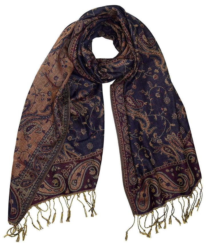 Reversible double-layer pashmina shawl featuring an intricate navy and beige paisley pattern with fringed edges.