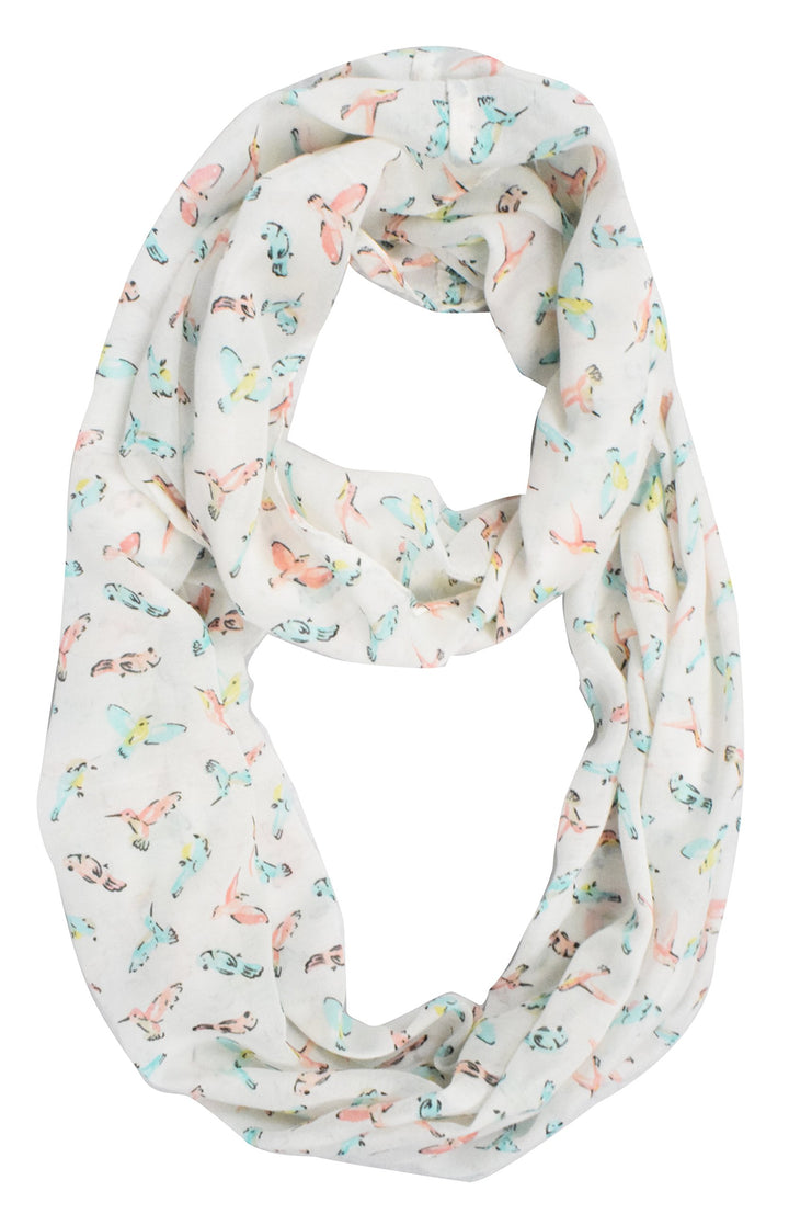 Vintage sheer white infinity scarf featuring a graphic bird print pattern for women