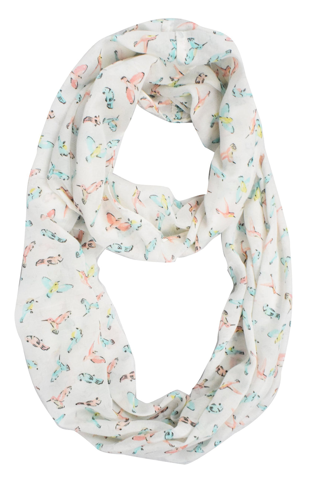 White infinity loop scarf featuring a vintage bird print in sheer fabric