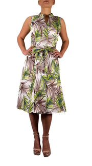 Women's Button Up Work Dress Shift Dress Fabric Belt 100% Cotton 100% Cotton (Medium, Green/Brown Spring)