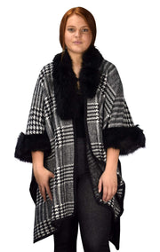 Houndstooth Print Faux Fur Poncho Sweater