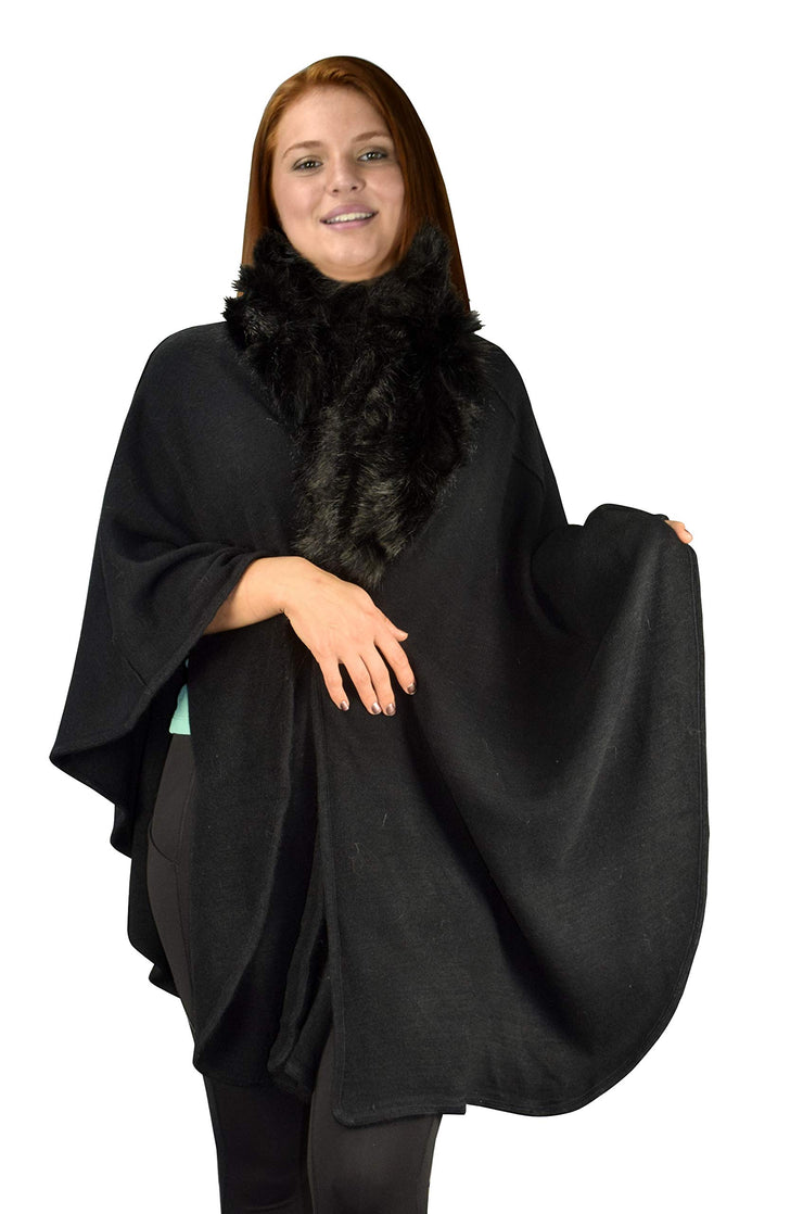 Womens Faux Fur Relaxed Fit Poncho Cape Pullover Sweater (One Size, Solid Black)