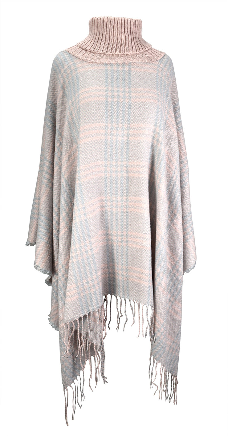 Turtle Neck Checkered Winter Poncho Sweater Pullovers With Fringes