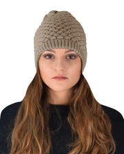 Taupe Thick Crochet Knit Double Layer Beanie Slouchy Hat