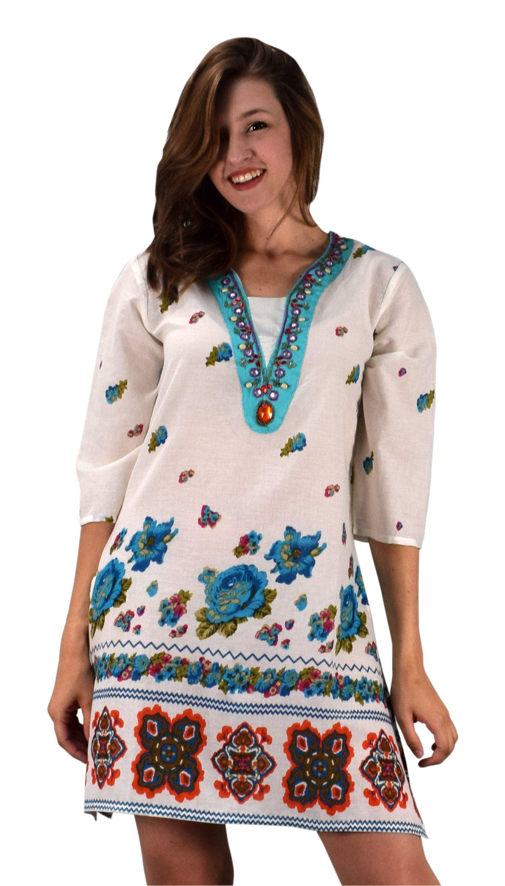 Turquoise vintage-style petite cotton tunic coverup featuring floral embroidery and beaded detailing.