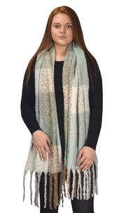 Winter Soft and Warm Casual Knitted Plaid Chunky Wrap Scarf with Tassels Sky Blue