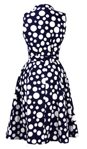 Peach Couture Navy Polka Dot Vintage Retro Button Up Party Dress with Belt