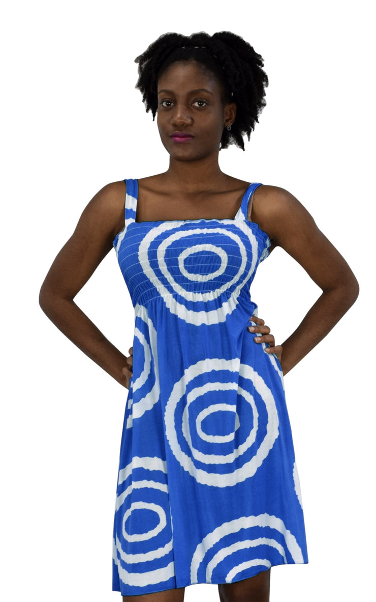Juniors Knee Length Multicolor Exotic Smocked Printed Summer Dress (Blue White Circle Large)