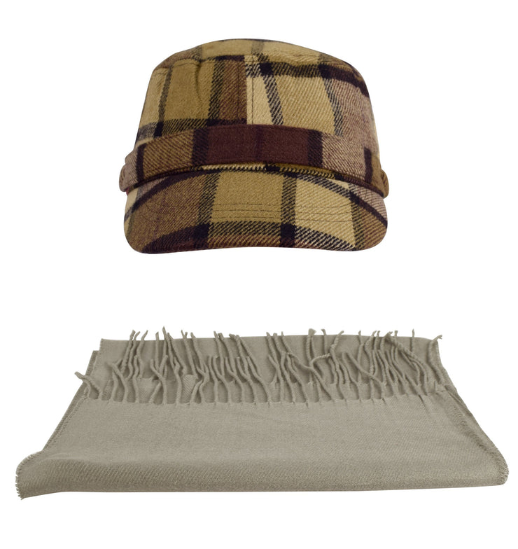 Beige Plaid Cashmere Feel Insulated Cadet Hat and Scarf Set