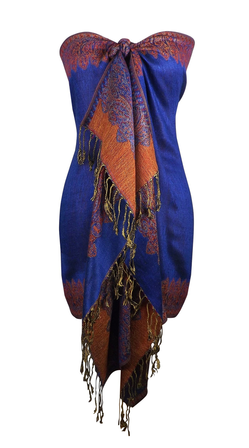 Elegant royal blue reversible jacquard paisley pashmina shawl wrap for women.