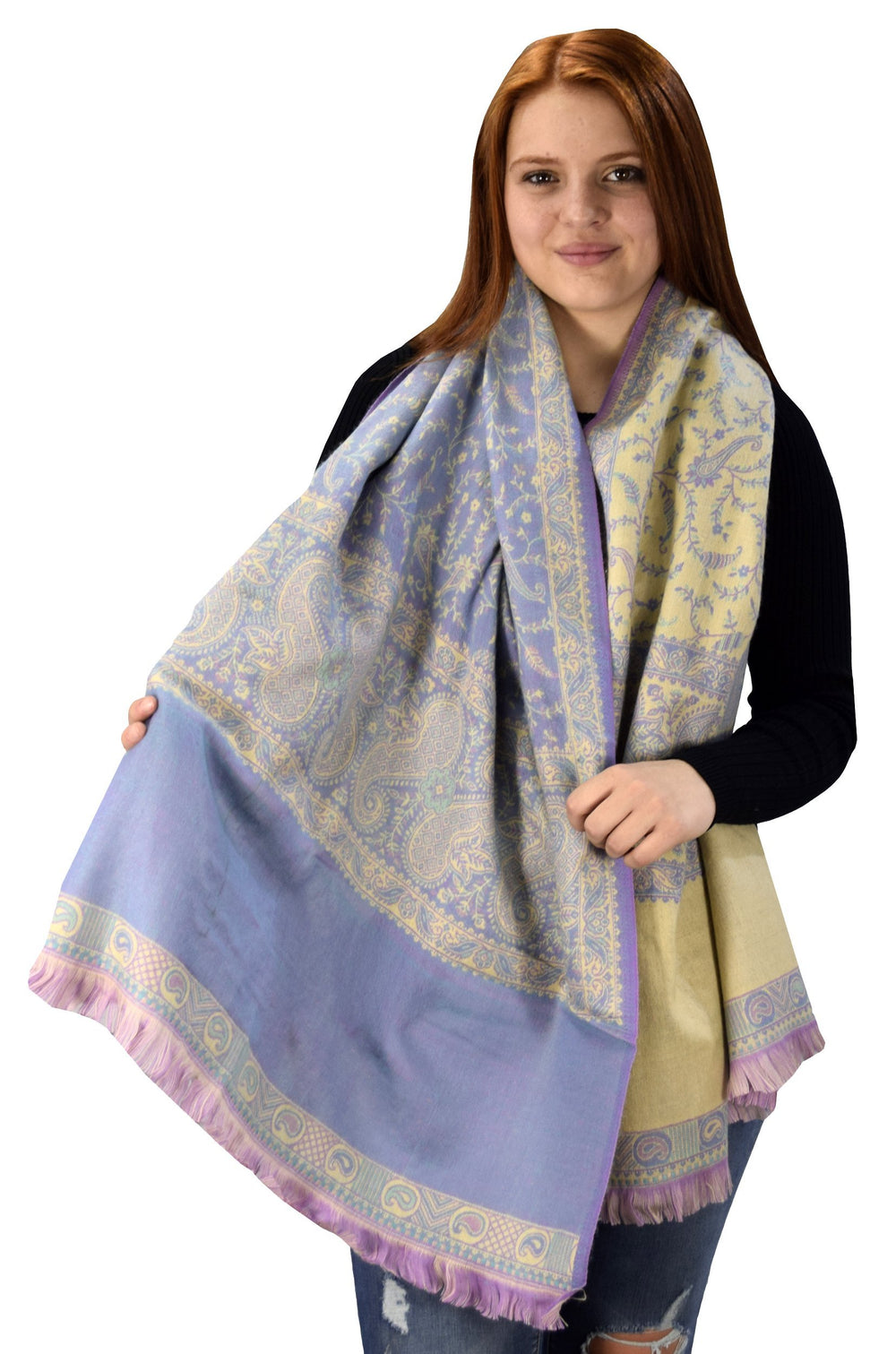 Purple reversible paisley pashmina shawl with thick 4-ply weave.