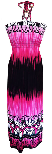 Exotic Tie Dye Self Tie Halter Vacation Maxi Dress Deep Fuchsia L