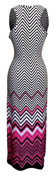 Womens Boho Maxi Striped Chevron Print Scoop Neck Tank Dress (Pink, Medium)