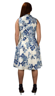 Peach Couture Blue Floral Vintage Retro Button Up Party Dress with Belt