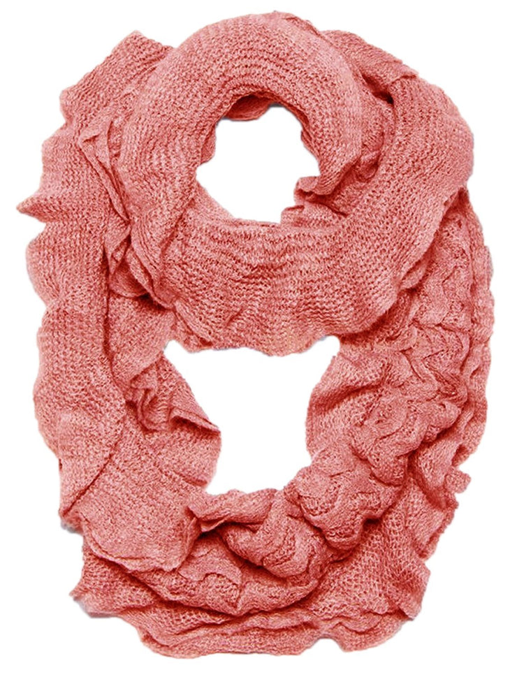 Rose Pink Peach Couture Trendy and Chic Ruffle Edge Thick Knitted Circle Infinity Loop Scarf