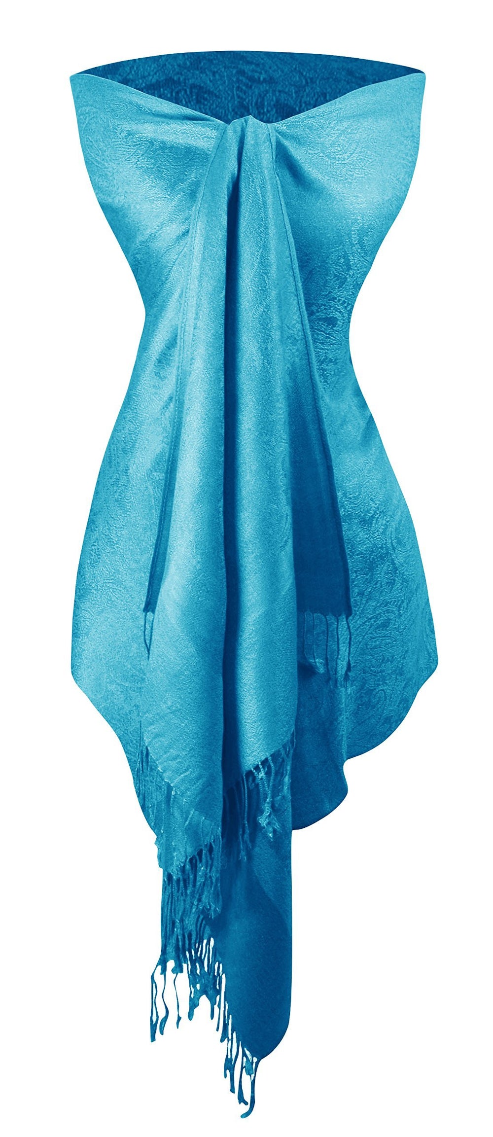 Elegant vintage jacquard paisley shawl wrap scarf in turquoise and peach.