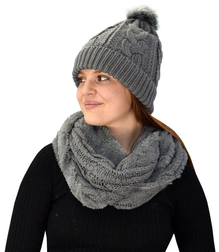 Grey 97 Peach Couture Thick Warm Crochet Beanie Hat & Plush Fur Lined Infinity Loop Scarf Set