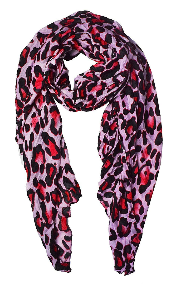 Fuchsia Peach Couture Trendy Women's Leopard Animal Print Crinkle Scarf wrap