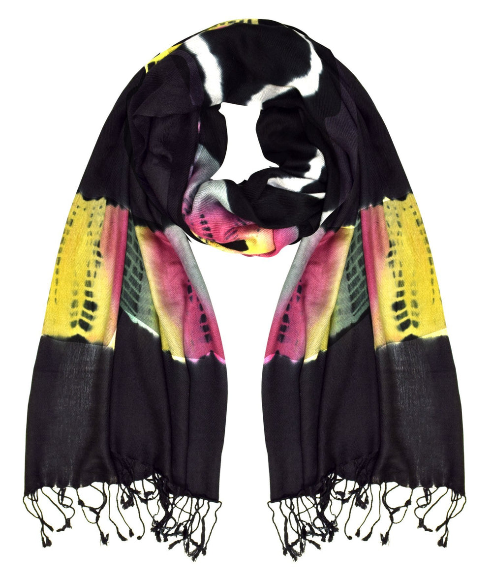 Handmade black and rainbow tie-dye pashmina shawl with soft fringed edges