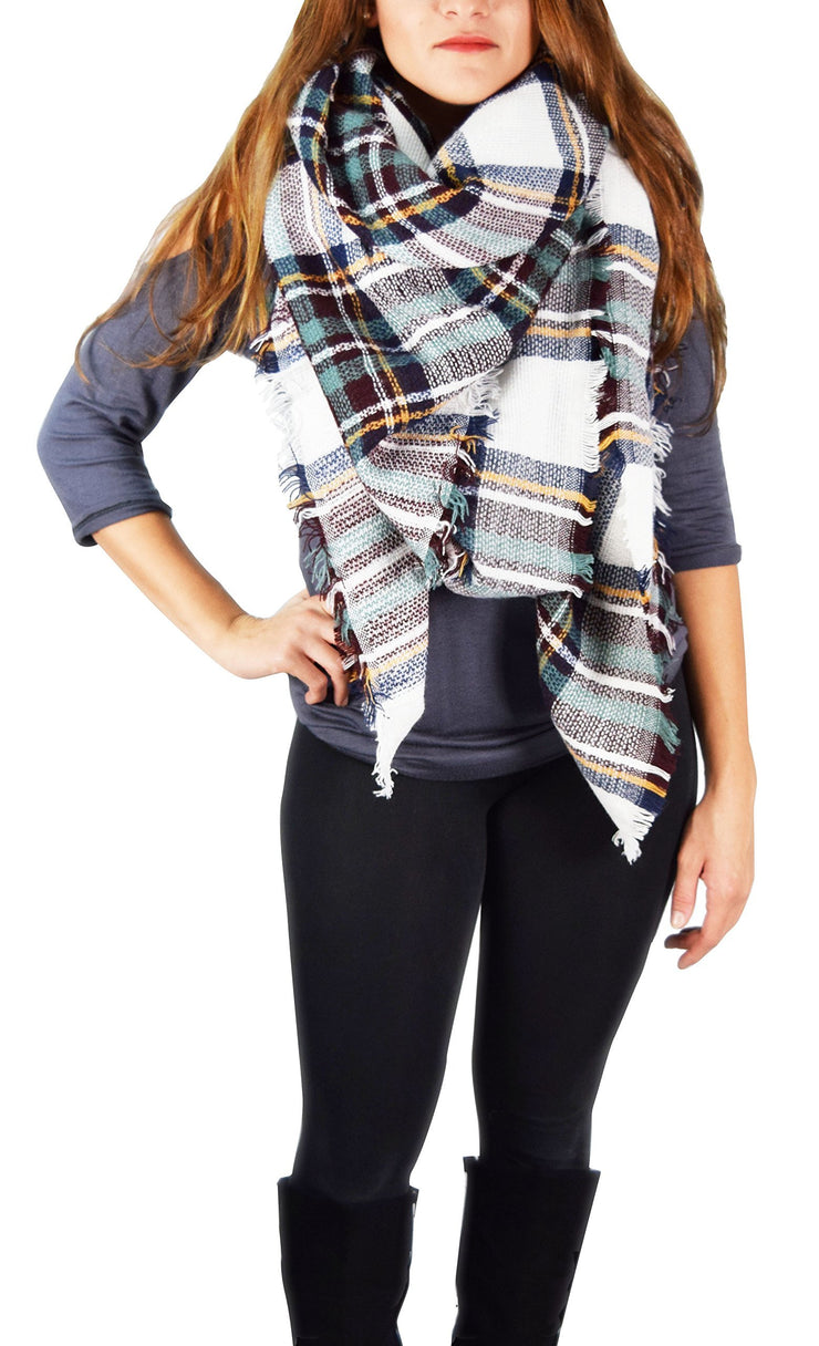 Navy Brown Warm Tartan Plaid Woven Oversized Fringe Scarf Blanket Shawl Wrap