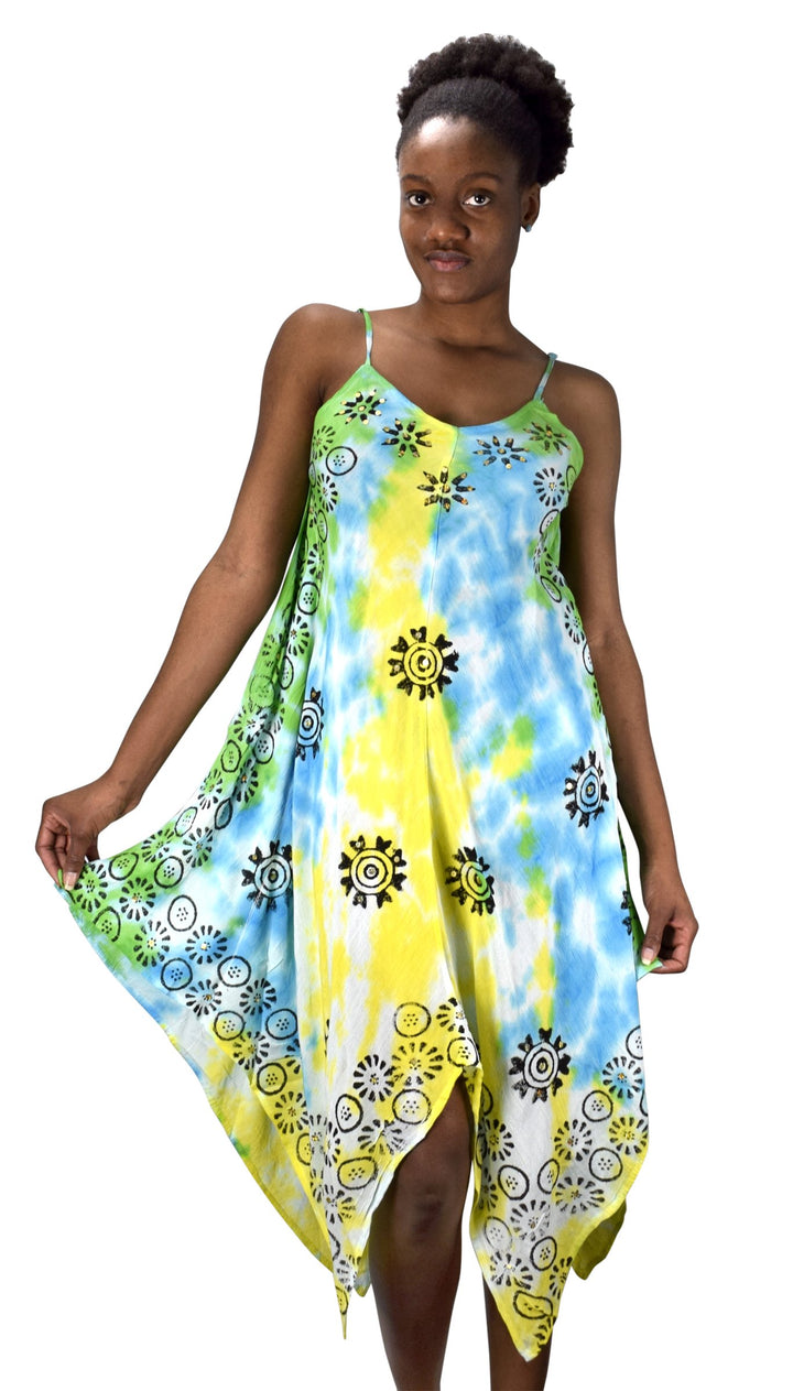 Floral Tie Dye Handkercheif Hem Sleeveless Summer Dress Cover up