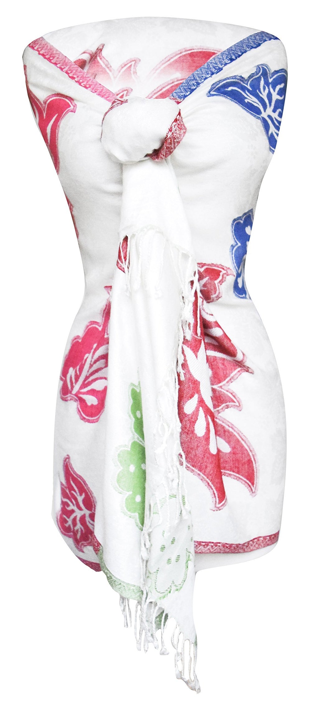 White rainbow pastel paisley floral fringe pashmina wrap shawl scarf with multi-colored floral patterns and decorative fringed edges.