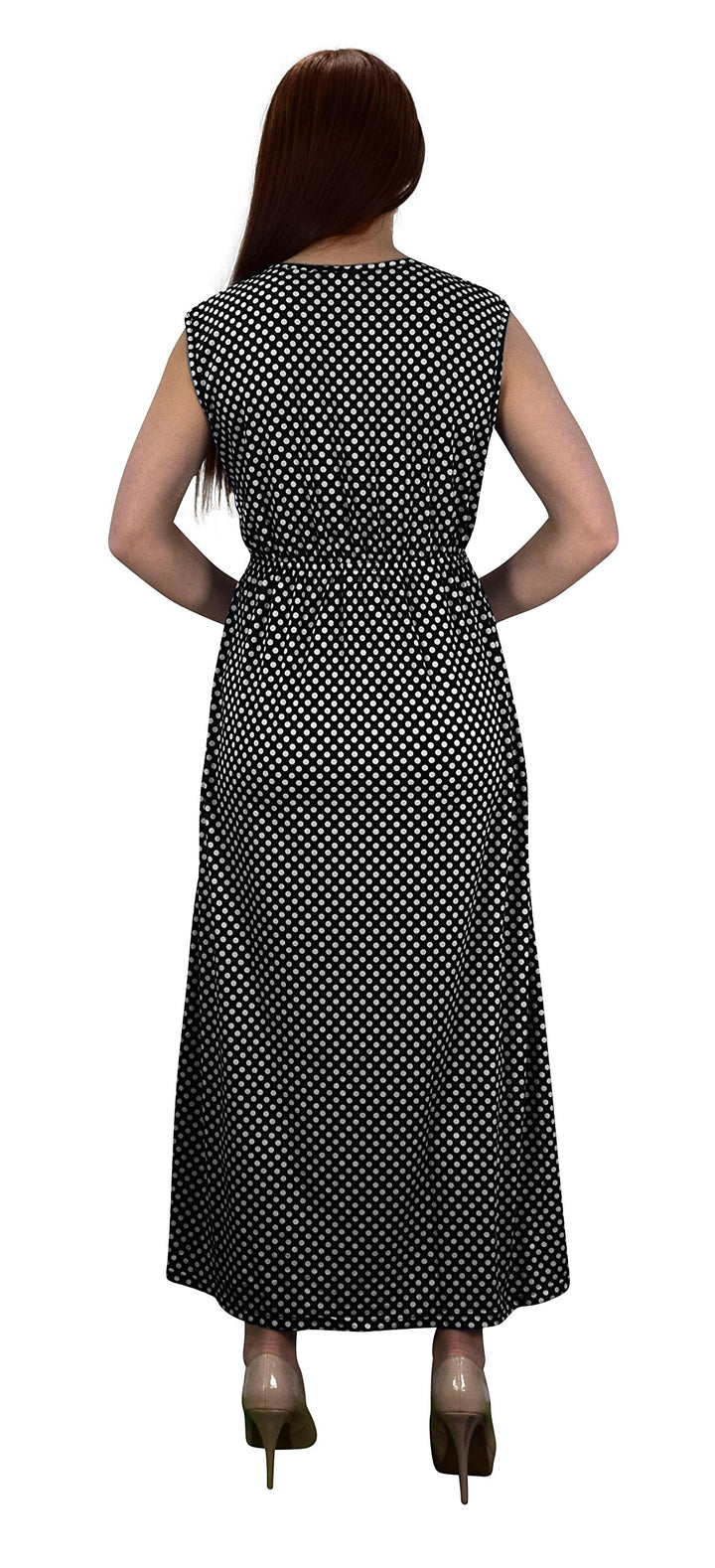 Polka Dot Ruffled V Neck Sleeveless Empire Waist Summer Maxi Dress