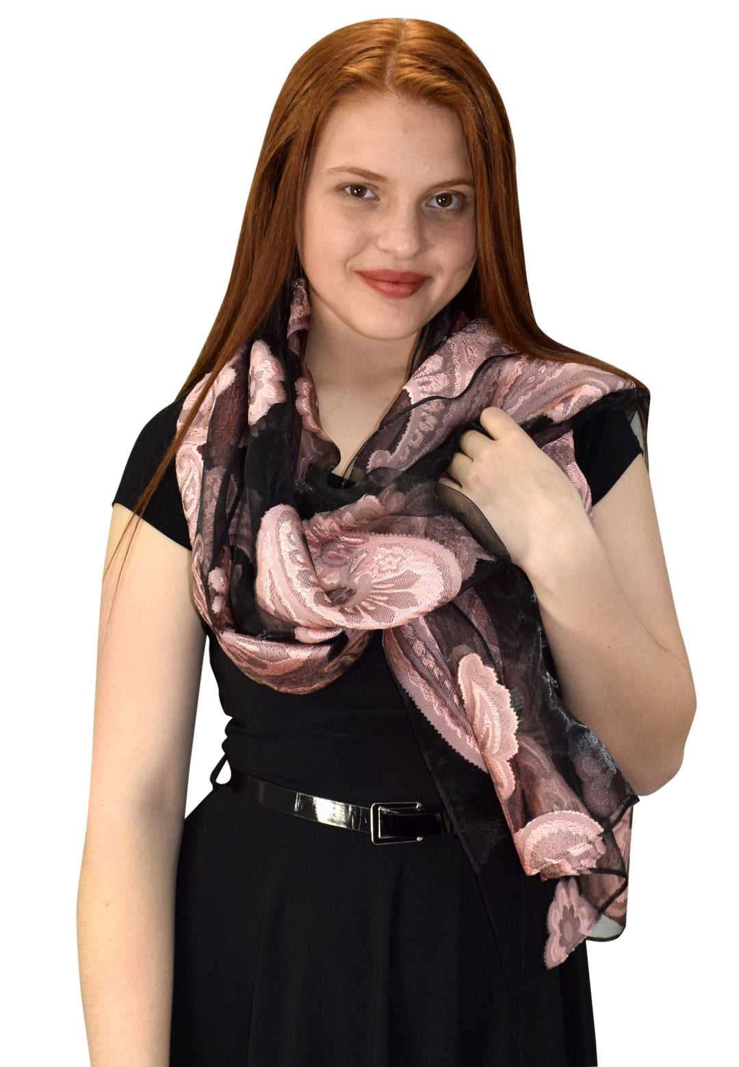 Black & Pink Sheer Embroidered Paisley Burnout Scarf