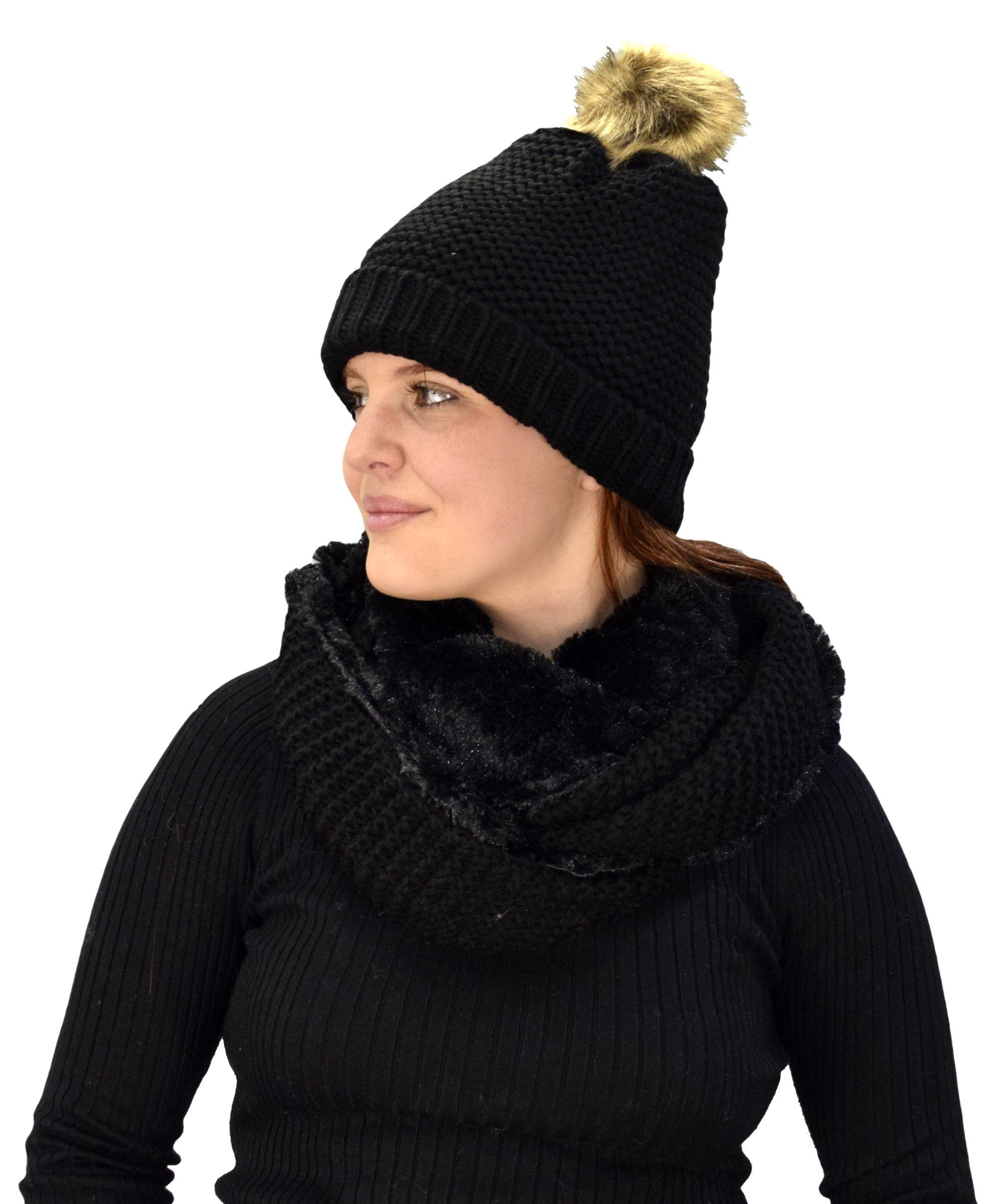 Black Peach Couture Thick Crochet Weave Beanie Hat Plush Infinity Loop Scarf 2 Pack