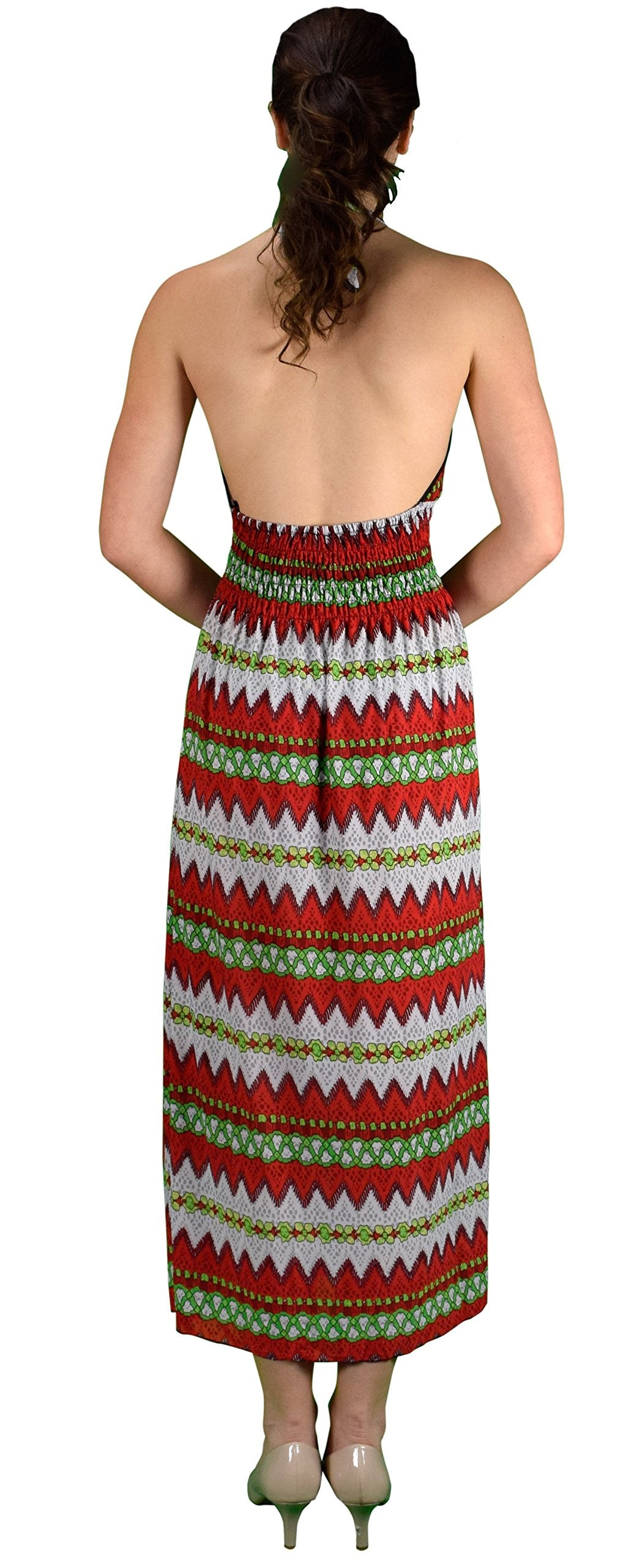 Peach Couture Bohemian Chevron Pattern V Neck Smocked Waist Halter Maxi Dress