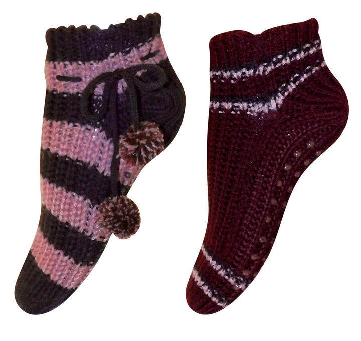 Womens Non Skid Crochet Knitted Sweater Pom Pom Slipper Socks Booties 2 Pack
