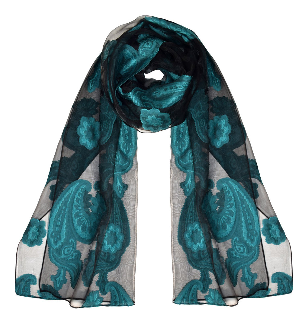 Black and teal sheer burnout scarf with embroidered paisley pattern and fringe edges