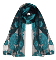 Lightweight Sheer Embroidered Paisley Burnout Summer Scarf Black Teal