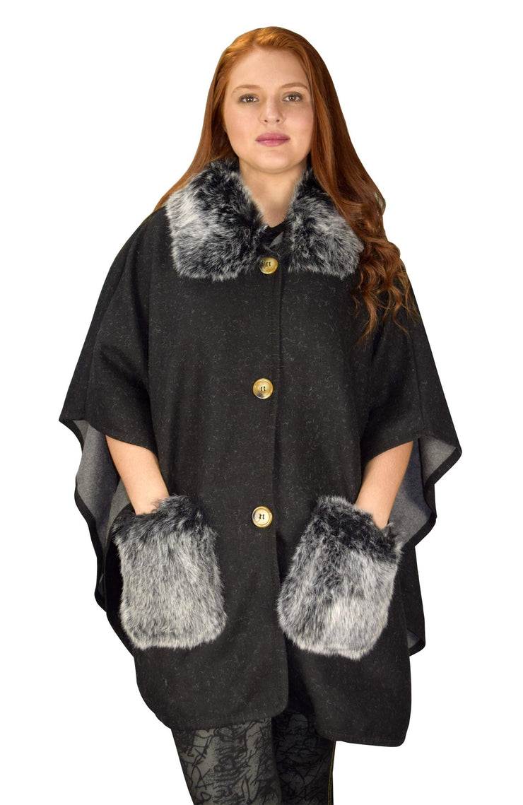 Faux Fur Large Pockets Relaxed Fit Pullover Warm Cover Up Poncho