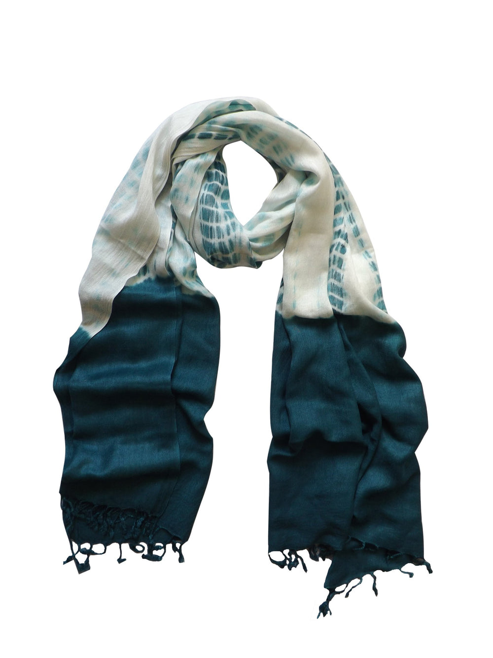 Exclusive designer teal and white tie-dye pashmina shawl with soft fringe detail