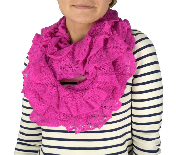 Magenta Peach Couture Trendy and Chic Ruffle Edge Thick Knitted Circle Infinity Loop Scarf