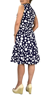 Peach Couture Navy Polka Dot Vintage Retro Button Up Party Dress with Belt