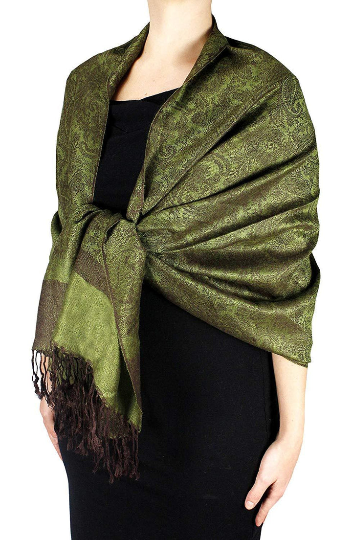 Elegant vintage jacquard paisley pashmina shawl wrap in forest green and brown.