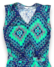 Tribal Geometric V Neck Button Sleeveless Romper Jumpsuit L Blue