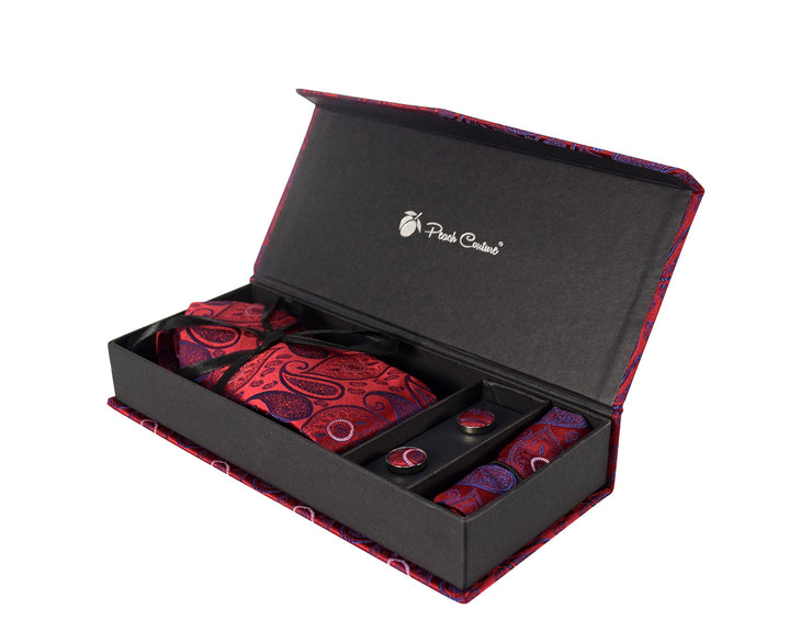 Luxurious Mens Silk Feel Paisley Necktie Cufflink Handkerchief Set