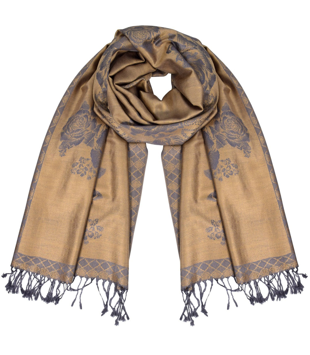 Tan Grey Peach Couture Elegant Floral Pattern Pashmina Wrap Shawl Scarf