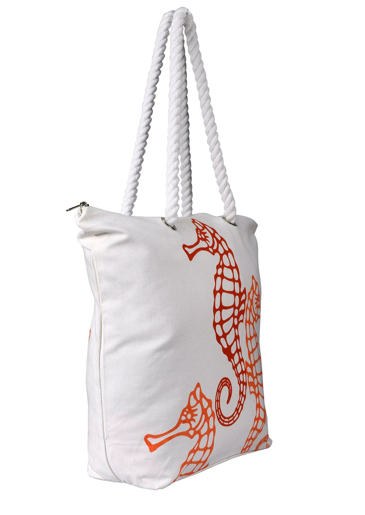 Seahorse Design Cotton Canvas Beach Tote