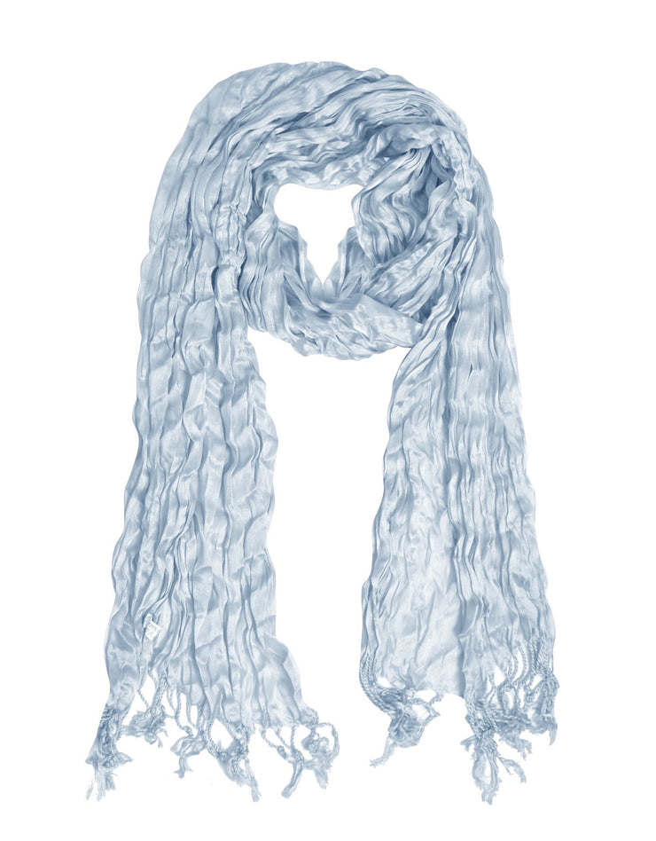 Sky Blue Sheer Solid Color Twisted Crinkle Scarf with Fringes