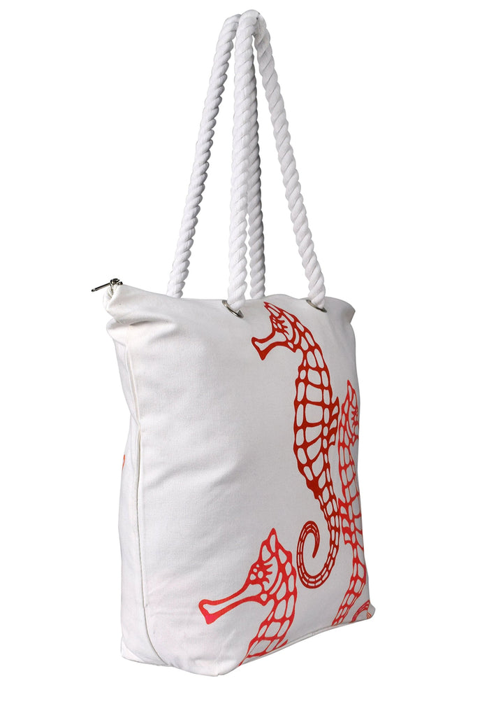 Seahorse Design Cotton Canvas Beach Tote