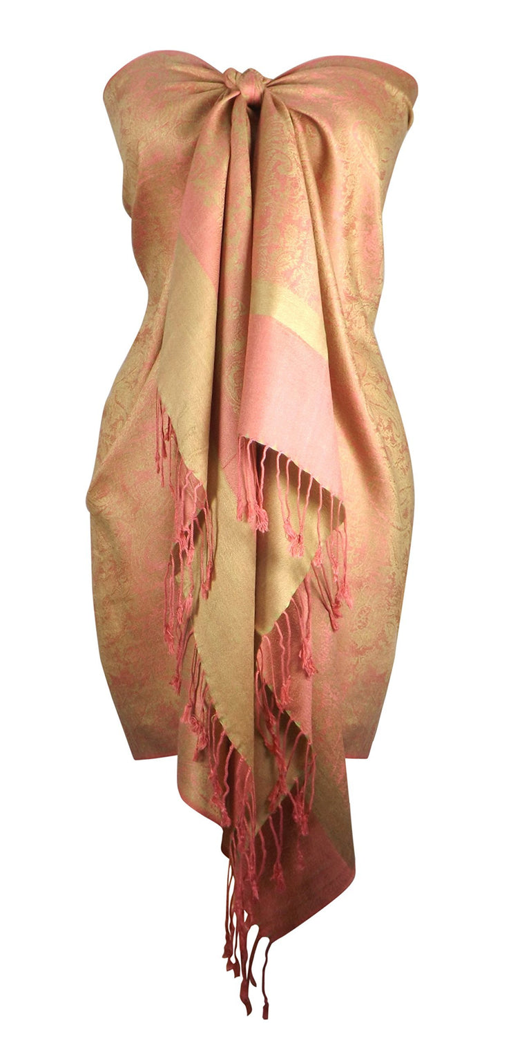 Baby Green and Pink Peach Couture Elegant Vintage Two Color Jacquard Paisley Pashmina Shawl Wrap