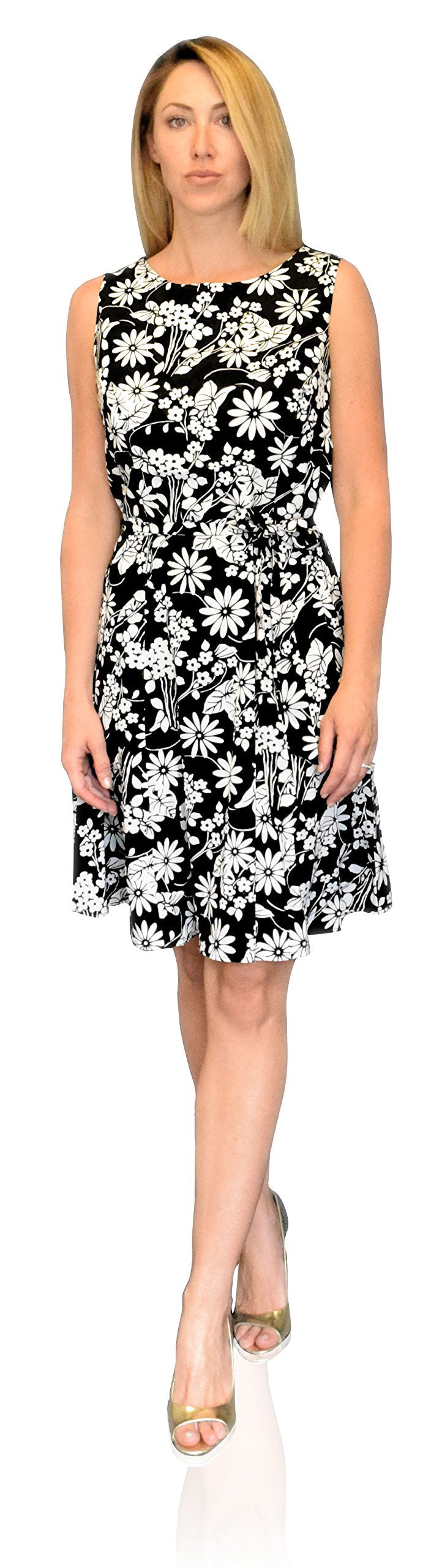 Silky Vintage Retro A Line Sleeveless Work Casual Belted Dress (Medium, Floral Black White)