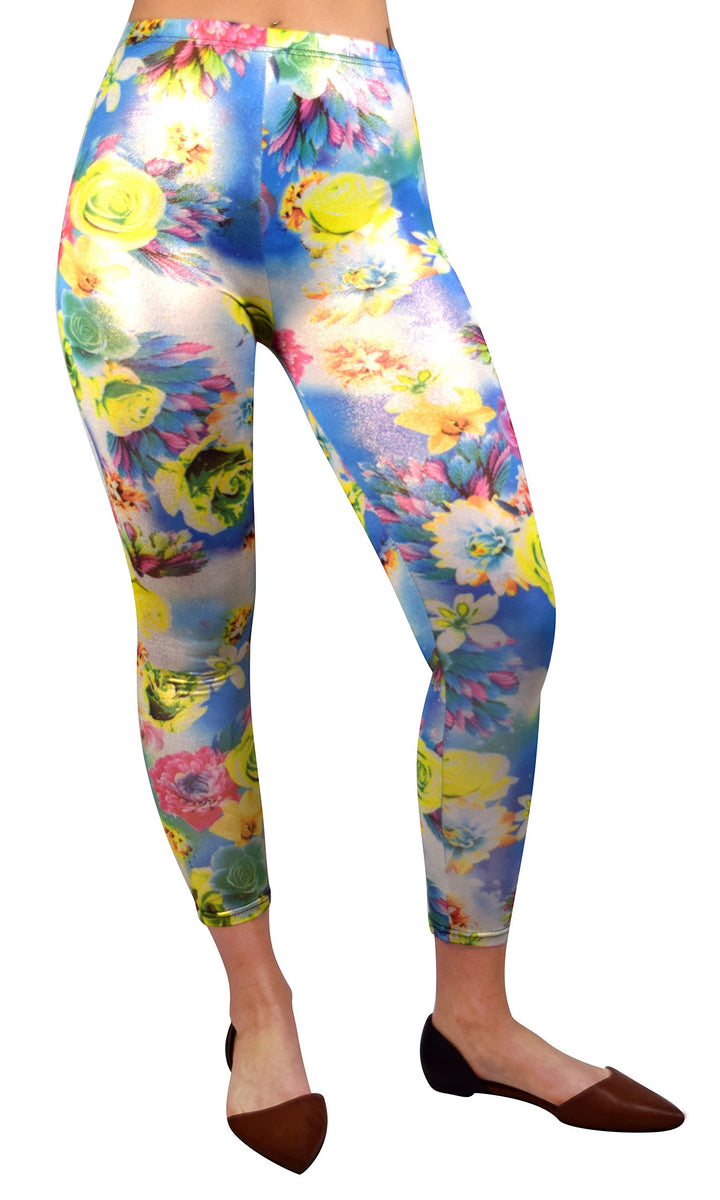 Women Stretch Sparkly Floral Design Vintage Leggings Tight Pants