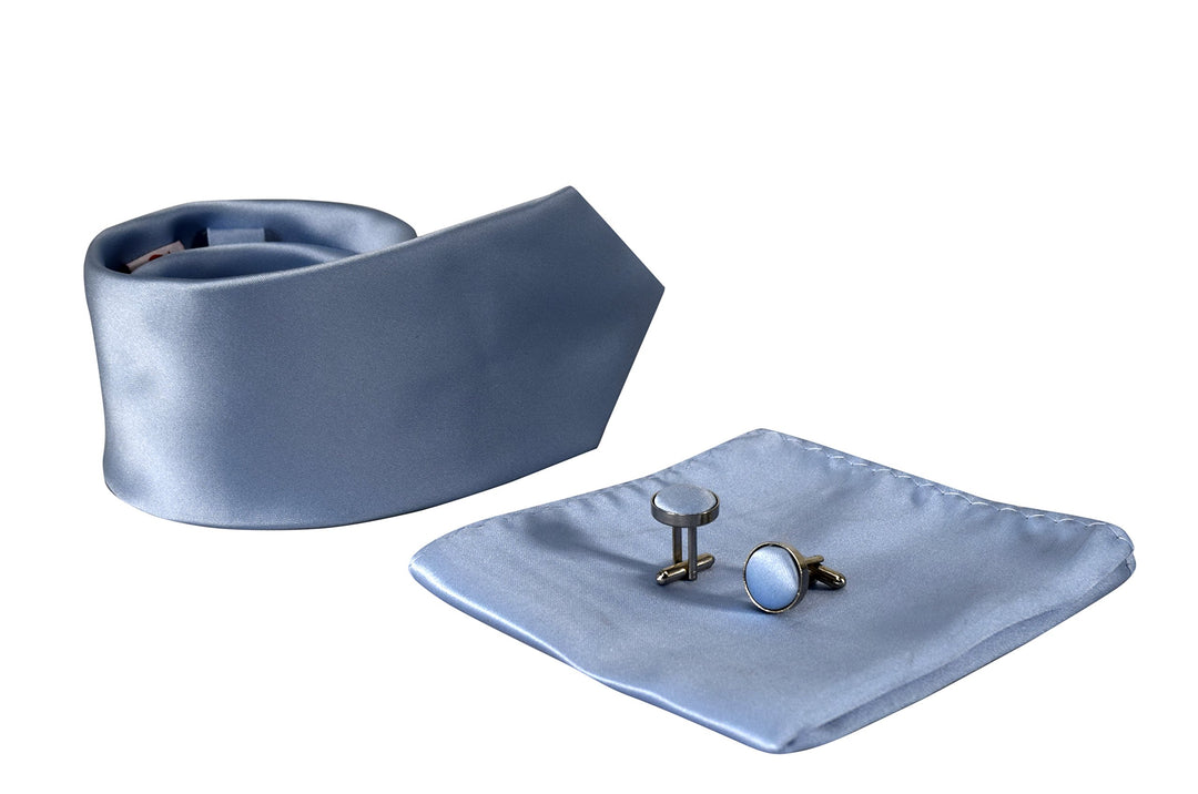 Luxurious Mens Silk Feel Solid Necktie Cufflinks Handkerchief Set